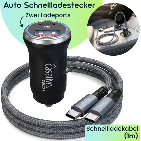 2er-Set Leistungsstarkes Kfz-USB-Netzteil, (54 Watt) inkl. Ladekabel, USB-C PD & USB-A QC, Dual-USB Schnellladestecker, schnelles Aufladen unterwegs