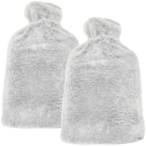 2er-Set Wärmflasche mit flauschigem Plüsch-Bezug - Ideal als Bettwärmer & für Schmerzen - 1,6L Füllmenge - Hellgrau - Ganzjährig nutzbar als Kühlkompresse