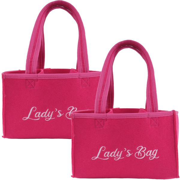 2er-Set Flaschentasche Pink mit Lady’s Bag-Stickerei - Sicherer Transport für 6 Flaschen/Dosen - Verstärkte Griffe - Perfekte Geschenkidee - Filz, 23x15x15cm