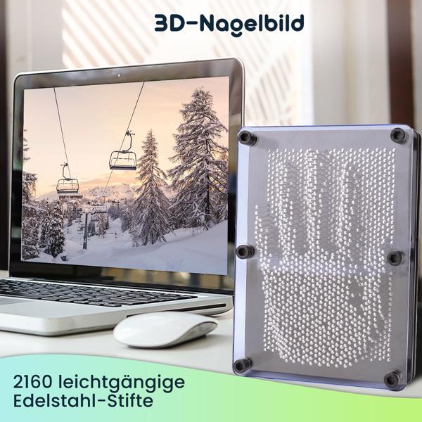 Kreatives 3D Nagelbild für Handabdrücke, 18x13cm – 3D Pin-Art-Spielzeug mit 2160 Metallstiften, schwarz/silber, immer wieder verwendbar