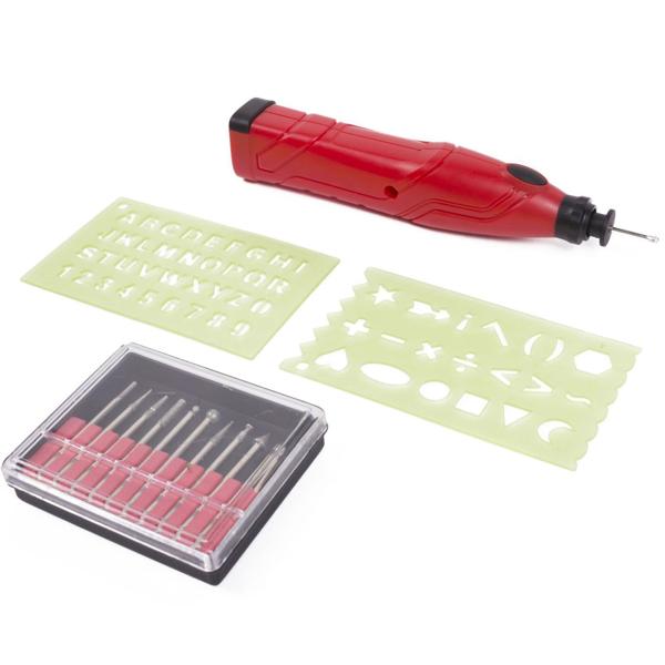 Gravurset 13-teilig - 13.000 U/min für präzise Gravuren - inkl. 10 Aufsätze, 2 Schablonen & Aufbewahrungsbox - für Holz, Keramik, Glas, Leder, Metall
