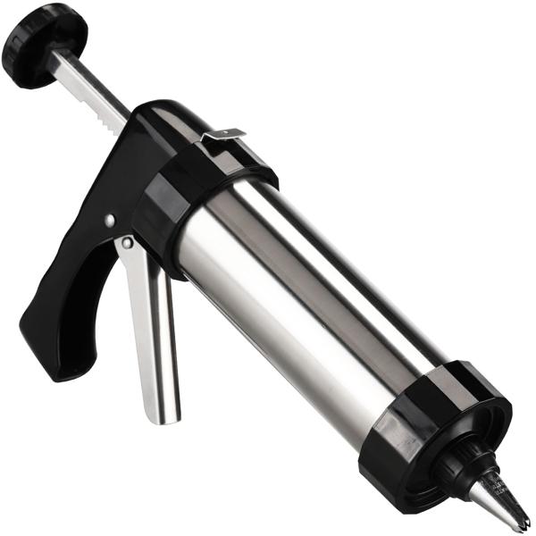 Hochwertige Gebäckpresse & Garnierspritze im silber/schwarz Design, Edelstahl, 13 Schablonen & 8 Tüllen: Für Backkunst mit Stil