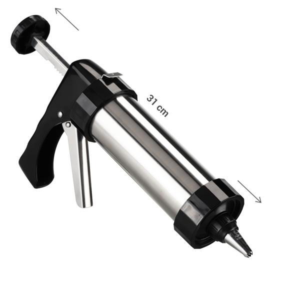 Hochwertige Gebäckpresse & Garnierspritze im silber/schwarz Design, Edelstahl, 13 Schablonen & 8 Tüllen: Für Backkunst mit Stil