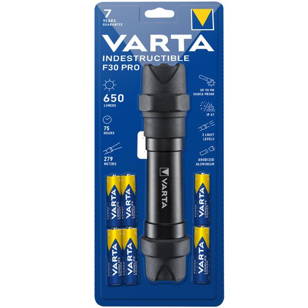 Varta LED-Taschenlampe Indestructible F30 Pro - 650lm-Leuchtweite 279m - IP67 wasserdicht-stossfest IK08 - Inkl. Batterien - 75h Leuchtdauer