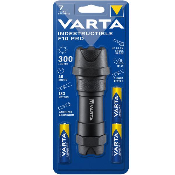 Varta LED-Taschenlampe Indestructible F10 Pro - extrem robust, bruchfest, 9m Falltest - 300 Lumen, 183m Leuchtweite, IP67 wasserdicht - inkl. AAA Batterien