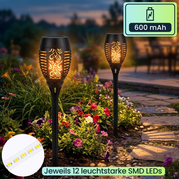 8er-Set LED-Solar-Gartenfackeln mit Flammen-Effekt (H 78cm): Akku, realistisch & wetterfest - Fur romantisches Ambiente im Garten & Balkon