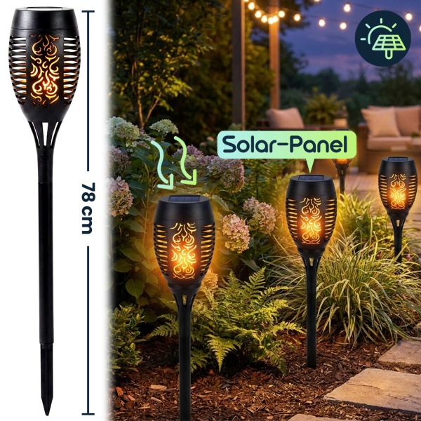 8er-Set LED-Solar-Gartenfackeln mit Flammen-Effekt (H 78cm): Akku, realistisch & wetterfest - Fur romantisches Ambiente im Garten & Balkon