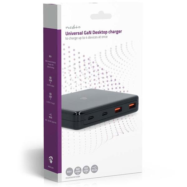 2er-Set Multiport Tischladegerät - GaN-Technologie 65W - 4 Ports: 2x USB-C (3.25A) 2x USB-A (3.0A) - Schnellladung für iPhone Notebooks Handys - spart Strom