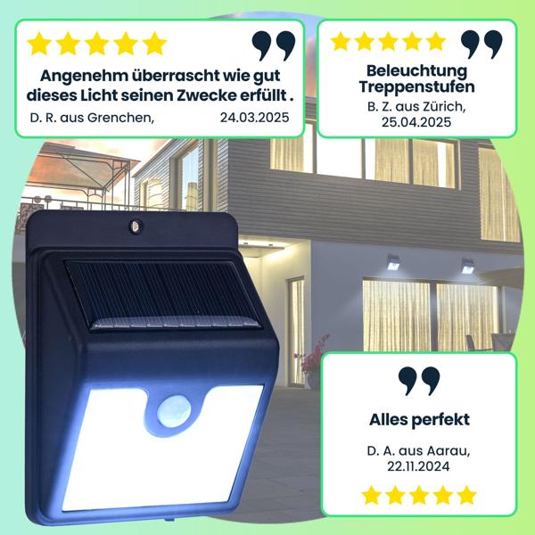 Effizienter LED-Solar-Wandstrahler mit Bewegungssensor: 50 Lumen, IP44 – Helles & energiesparendes Aussenlicht mit automatischer Aktivierung