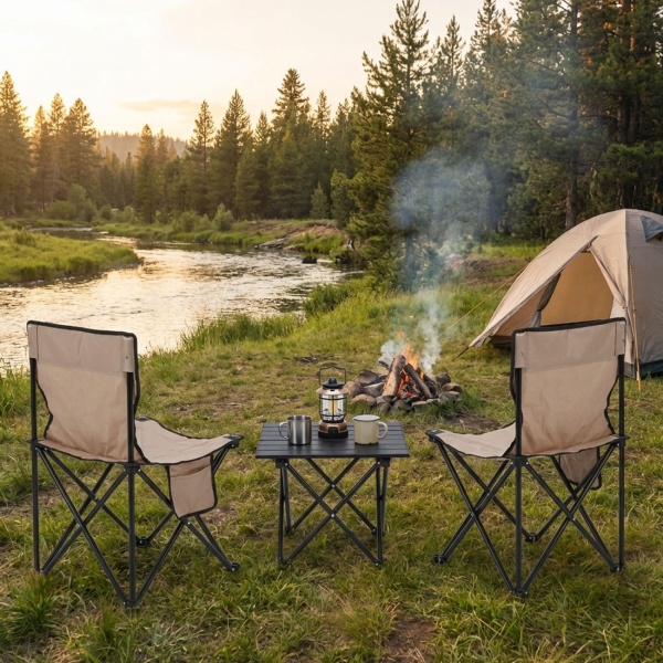 Klappbares Campingstuhl- & Tischset, 2 Stühle + Tisch, beige-schwarz inkl. Transport-Tasche für Picknick, Strand, Balkon, mobil & platzsparend