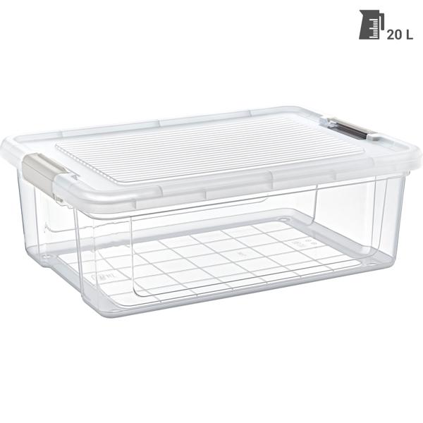 Aufbewahrungs- und Vorratsbox 20 Liter, transparenter Kunststoff, praktische Vorratsdose mit Deckel & 2 Klippverschlüssen für Küche, Haushalt, Camping