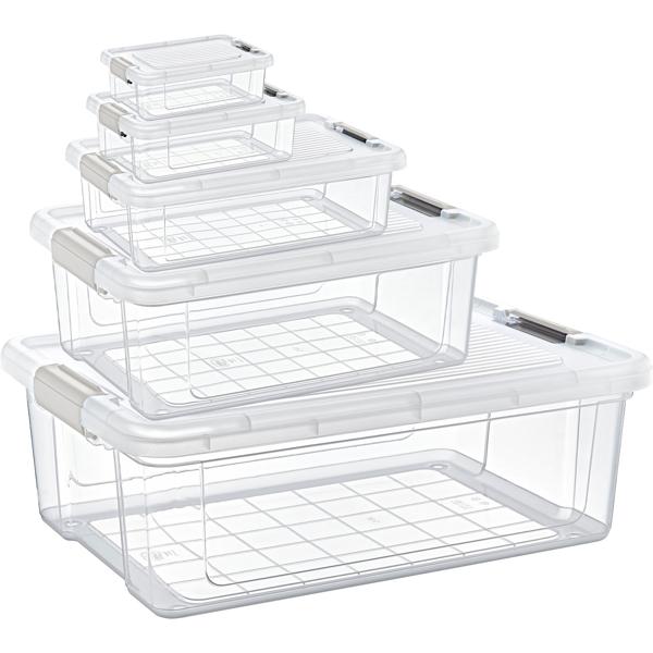 Aufbewahrungs- und Vorratsboxen Set 5-teilig aus transparentem Kunststoff, Vorratsdosen mit Deckel und 2 Klippverschlüssen in den Grössen 0.8l bis 20l