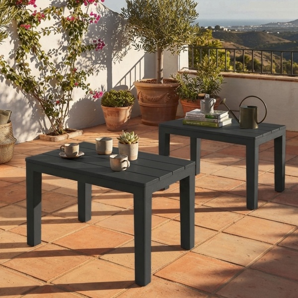 2er-Set Garten- und Balkon-Beistelltisch aus witterungsbeständigem Kunststoff, grau, 60 x 45 x 39 cm, Wetterfester Outdoor-Tisch