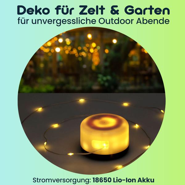 2er-Set Vielseitige 2in1 Akku Campingleuchte mit 10m LED Lichterkette (7 Modi, 100 LEDs): Deko für Zelt & Garten, für unvergessliche Outdoor Abende