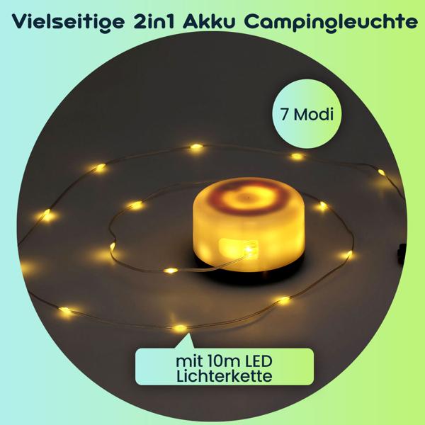 2er-Set Vielseitige 2in1 Akku Campingleuchte mit 10m LED Lichterkette (7 Modi, 100 LEDs): Deko für Zelt & Garten, für unvergessliche Outdoor Abende