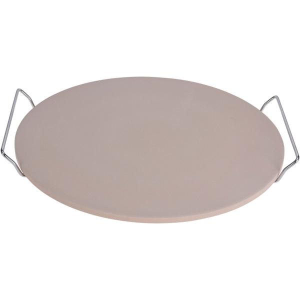 Robuster Pizzastein, Ø 33 cm, aus Petuntse, Feldspat & Ton, Metallhalter – bis 300 Grad, für knusprige Pizza und Flammkuchen