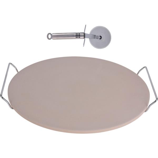 Pizzastein Set - knusprige Pizza wie aus dem Steinofen - Ø 33 cm Backstein bis 300°C - inkl. Edelstahl-Pizzaschneider 22 cm - für Brot Brötchen