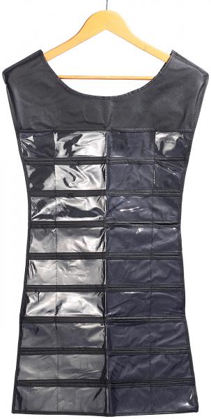 Schmuckhalter Kleid-Optik - doppelseitig, 39 Taschen, 24 Haken, platzsparend - effektives Ordnungssystem für Ringe, Halsketten & Ohrringe - schwarz, 46x107 cm