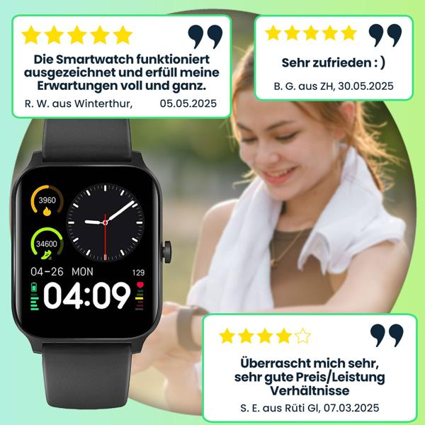 Profi Fitness SmartWatch Bluetooth, multicolor Touch Display, schwarz, Fitnesstracker m. 20 Sportmodi, Schlafüberwachung, Herzfrequenz, Taschenlampe