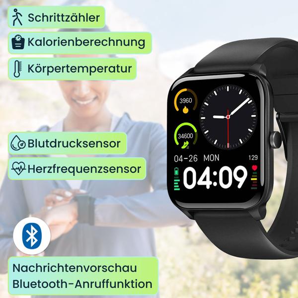 Profi Fitness SmartWatch Bluetooth, multicolor Touch Display, schwarz, Fitnesstracker m. 20 Sportmodi, Schlafüberwachung, Herzfrequenz, Taschenlampe