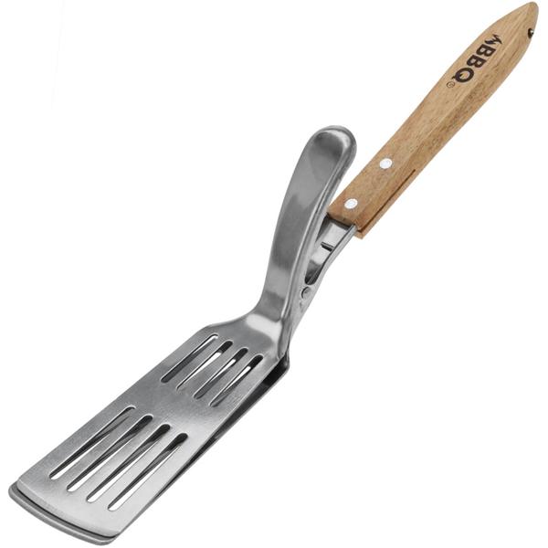 Praktischer 2in1 Edelstahl-Grillwender mit Holzgriff & integriertem Greifer, sicheres & präzises Wenden, für Grillmeister & Hobbyköche