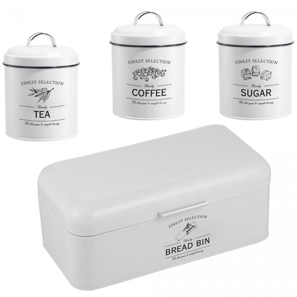 Dekoratives Vintage-Vorratsbehälter-Set: Weisse Brotbox, Kaffeedose, Zuckerdose, Teedose mit Aufdruck, für nostalgische & stilvolle Aufbewahrung