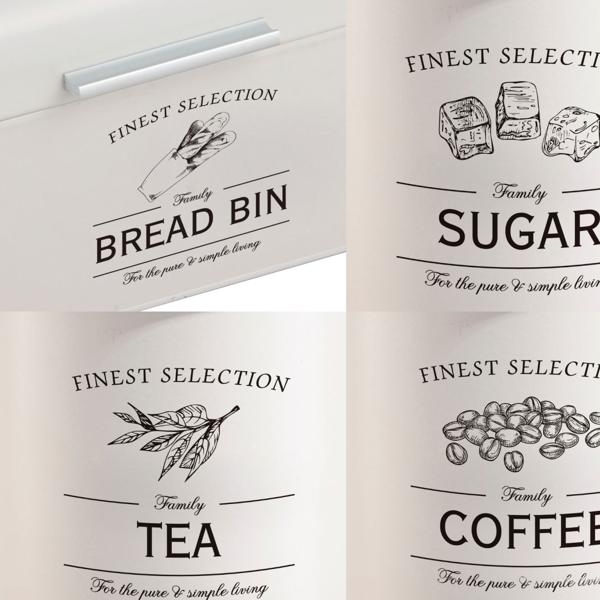 Dekoratives Vintage-Vorratsbehälter-Set: Weisse Brotbox, Kaffeedose, Zuckerdose, Teedose mit Aufdruck, für nostalgische & stilvolle Aufbewahrung