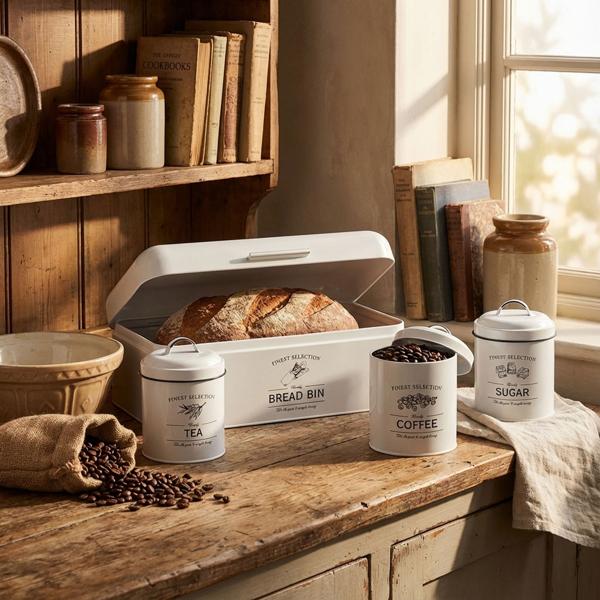 Dekoratives Vintage-Vorratsbehälter-Set: Weisse Brotbox, Kaffeedose, Zuckerdose, Teedose mit Aufdruck, für nostalgische & stilvolle Aufbewahrung