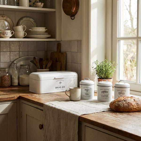 Dekoratives Vintage-Vorratsbehälter-Set: Weisse Brotbox, Kaffeedose, Zuckerdose, Teedose mit Aufdruck, für nostalgische & stilvolle Aufbewahrung