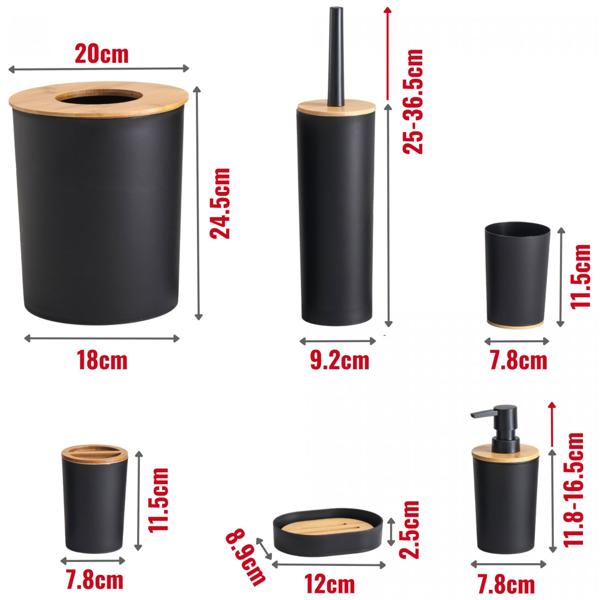 Modernes Badezimmer-Set 6-teilig in edlem Mattschwarz mit warmen Bambus Akzenten - Stilvolle Badaccessoires für einen eleganten Look im Bad