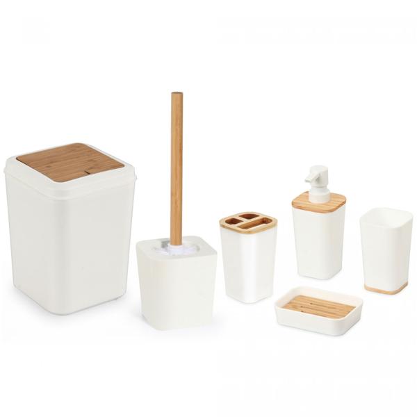 6-tlg. Badezimmer Zubehör Set: weiss/Bambus, Zahnputzbecher, Seifenspender & mehr - Komplettes Bad-Set – Stilvoll, Praktisch & natürlich Schön