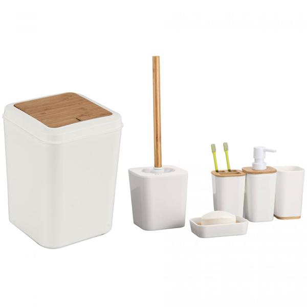 6-tlg. Badezimmer Zubehör Set: weiss/Bambus, Zahnputzbecher, Seifenspender & mehr - Komplettes Bad-Set – Stilvoll, Praktisch & natürlich Schön