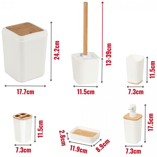 6-tlg. Badezimmer Zubehör Set: weiss/Bambus, Zahnputzbecher, Seifenspender & mehr - Komplettes Bad-Set – Stilvoll, Praktisch & natürlich Schön