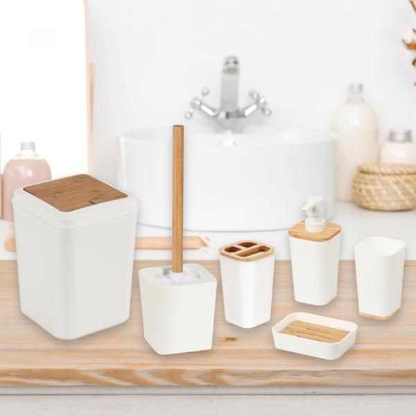 6-tlg. Badezimmer Zubehör Set: weiss/Bambus, Zahnputzbecher, Seifenspender & mehr - Komplettes Bad-Set – Stilvoll, Praktisch & natürlich Schön
