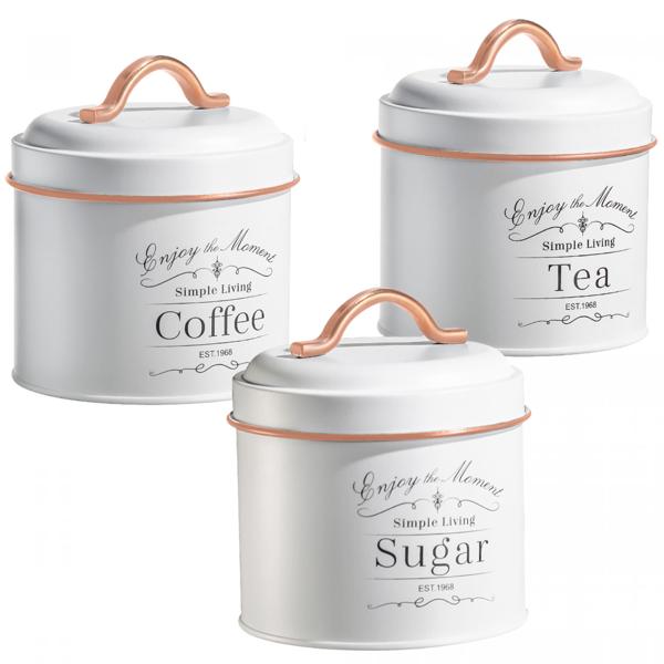Vintage Vorratsbehälter Set 3-teilig - Kaffeedose, Zuckerdose, Teedose - luftdicht, Metall, Weiss/Roségold, Ø 11.2 x H 9.5-13 cm