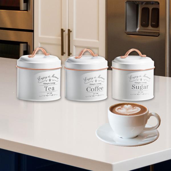 Vintage Vorratsbehälter Set 3-teilig - Kaffeedose, Zuckerdose, Teedose - luftdicht, Metall, Weiss/Roségold, Ø 11.2 x H 9.5-13 cm