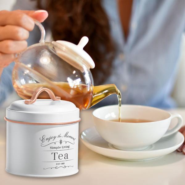 Vintage Vorratsbehälter Set 3-teilig - Kaffeedose, Zuckerdose, Teedose - luftdicht, Metall, Weiss/Roségold, Ø 11.2 x H 9.5-13 cm