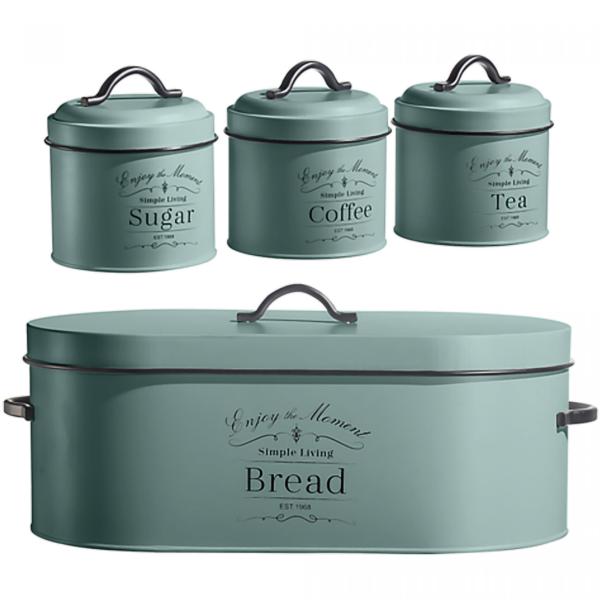 Charmantes Vintage Vorratsbehälter-Set, Grün - Brotbox, Kaffeedose, Zuckerdose, Teedose – Nostalgischer Küchen-Blickfang