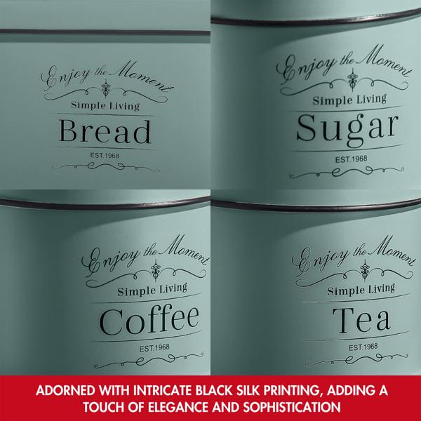 Charmantes Vintage Vorratsbehälter-Set, Grün - Brotbox, Kaffeedose, Zuckerdose, Teedose – Nostalgischer Küchen-Blickfang