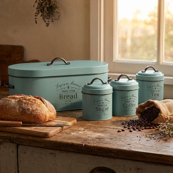 Charmantes Vintage Vorratsbehälter-Set, Grün - Brotbox, Kaffeedose, Zuckerdose, Teedose – Nostalgischer Küchen-Blickfang