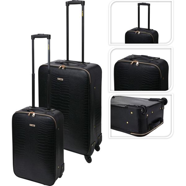 Koffer Trolley-Set, 2-tlg, Kroko-Design, schwarz, 20 Zoll und 24 Zoll, mit eleganten, goldenen Details