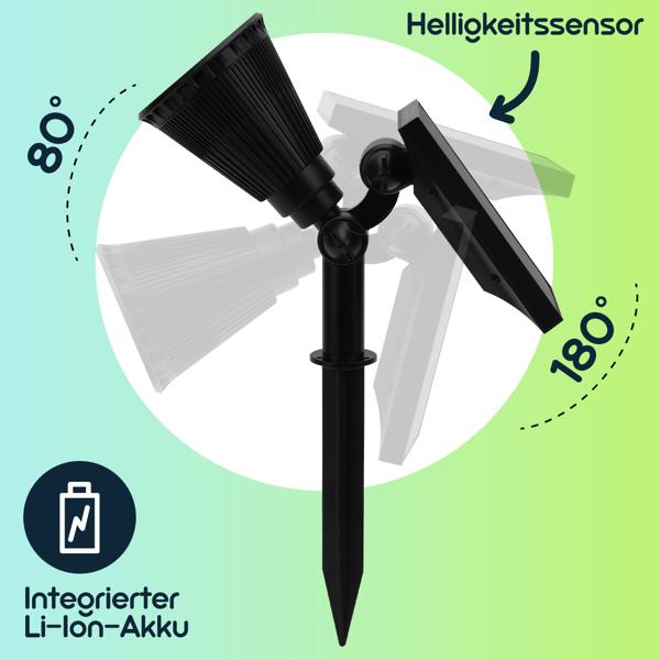 2er-Set Solar-Gartenstrahler mit Erdspiess - Wetterfester Gartenstrahler (IP44), 200 Lumen - Perfekte Akzente an Pflanzen & Wegen