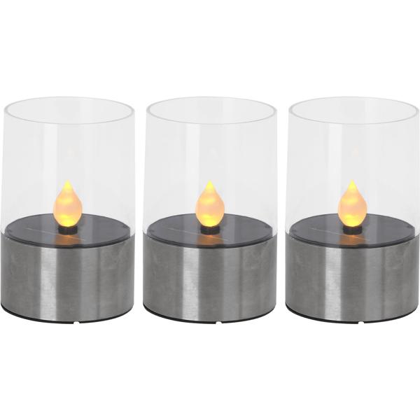 3er-Set Solar-Kerzenleuchte mit Edelstahl-Sockel Ø 7,5 cm - Flackernder Flammeneffekt warmweiss - IP44 Aussenbereich - NiMH-Akku 6-8h Leuchtdauer
