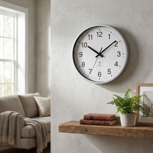 Moderne analoge Funk-Wanduhr, Ø 30 cm, silber/weiss, batteriebetrieben, für Küche, Wohnzimmer, Schlafzimmer, Büro