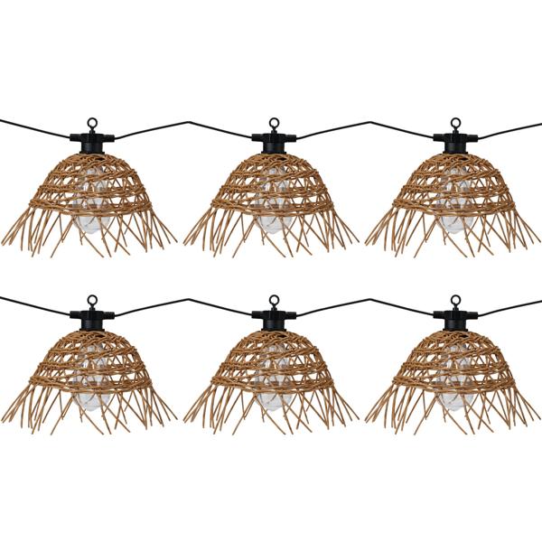 Stimmungsvolle Retro-Lichterkette mit 6 Rattan-Lampenschirmen 5,5 m – warme LED Gartenbeleuchtung für Balkon, Terrasse & gemütliche Abende
