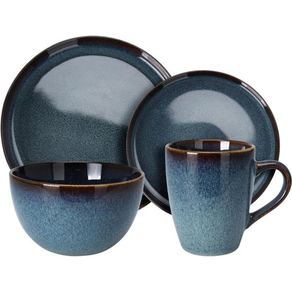 Edles 16-teiliges Steingut Geschirr-Set: Blau-braune Speise-, Dessertteller, Schüsseln & Tassen. Hochwertig, stilvoll und zeitlos