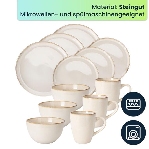 Elegantes Steingut Geschirr-Set, 16 Teile, Creme-Beige, Teller, Tassen und Schüsseln, für ein stilvoll gedeckten Tisch