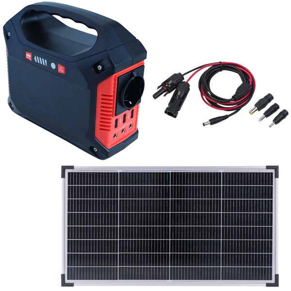 Tragbare Powerstation & Solar-Generator, 155 Wh, 180 Watt, Akku mit 230V & 12V, Leuchte, USB, Reise, Camping, Notstrom inkl. mobiles 60 Watt Solarpanel