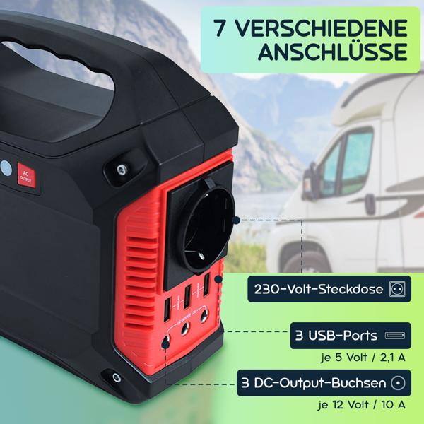 Tragbare Powerstation & Solar-Generator, 155 Wh, 180 Watt, Akku mit 230V & 12V, Leuchte, USB, Reise, Camping, Notstrom inkl. mobiles 60 Watt Solarpanel