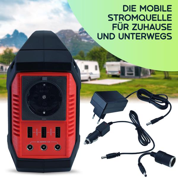 Tragbare Powerstation & Solar-Generator, 155 Wh, 180 Watt, Akku mit 230V & 12V, Leuchte, USB, Reise, Camping, Notstrom inkl. mobiles 60 Watt Solarpanel